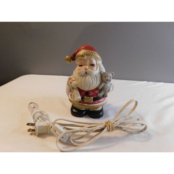 Santa Claus Vintage Painted Ceramic Figure Electric Lighted 6" W/Christmas Bear - Picture 4 of 9